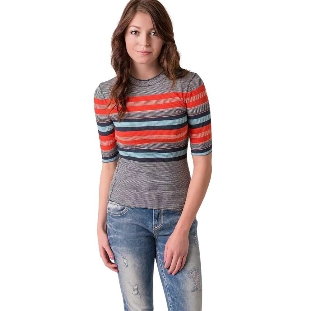 Free People Striped Thermal Top Size XS Navy Combo OB466000 Blue Red